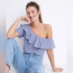 Madewell : Linen blue/white striped one-shoulder ruffle top